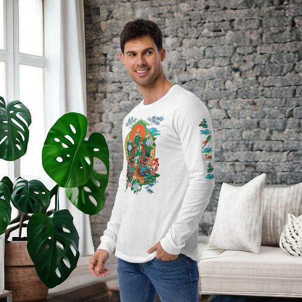 "Stylish Tangka - Green Tara Long Sleeve Shirt with vibrant spiritual imagery."